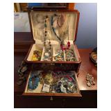 Wooden Jewelry Box with Assorted Costume Jewelry Collection