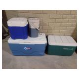 Collection of Four Coleman and Igloo Insulated Coolers and Beverage Jugs