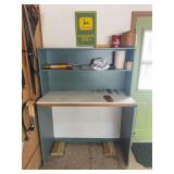 Workstation Hutch with Assorted Tools and John Deere Sign