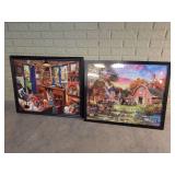 Set of Two Framed Jigsaw Puzzles: Hobby Room and Farmstead Scenes