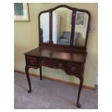 Wooden Vanity Table with Tri-Fold Mirror and Four Drawers