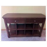 Thomasville Wood Console Table with Two Drawers and Open Shelving