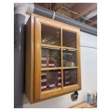 Wall-Mounted Wood Cabinet with Assorted Hardware and Measuring Tools
