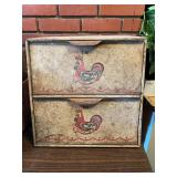 Retro Metal Bread Box with Rooster and Scroll Graphics