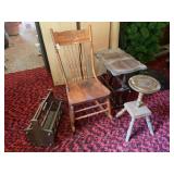 Assorted Wooden Furniture Lot Including Rocking Chair, Table, Stool, and Magazine Rack