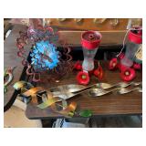 Assorted Seasonal Decor, Wind Spinners, and Humming Bird Feeders Lot