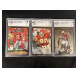 Lot of 3 BCCG Graded 10 Football Cards: 1999 Upper Deck Rich Gannon #153, 1991 Pro Set Platinum Neil Smith #50, 1997 Pinnacle Certified Garrison Hearst #82