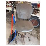 Adjustable Rolling Shop Chair and Assorted Shovels Group