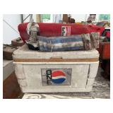 Lot of Miscellaneous Collectibles and Outdoor Gear including Igloo Cooler, Marlboro Adventure Team Bag, Knight Helmet Radio, and Zip-Up Doors