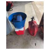 Lot of Coolers, Bucket, and Red Plastic Fuel Can