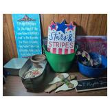 Assorted Patriotic and Seasonal Home Decor Lot with Planters and Signs