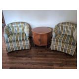 Living Room Furniture Set: Two Striped Armchairs and Octagonal Wooden Cabinet Table