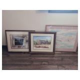 Lot of Three Framed Art Prints and Watercolors featuring Barns, Coastal Scenery, and Architectural Studies