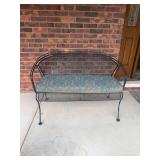 Wrought Iron Garden Bench with Blue Damask Cushion