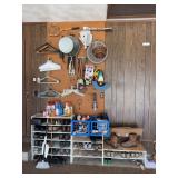 Assorted Garage Organization and Household Storage Lot including Shoe Racks, Pegboard Accessories, and Household Items