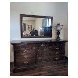Wooden Dresser with Multiple Drawers, Cabinet Doors, and Matching Wall Mirror