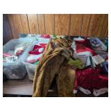 Christmas Holiday Decor and Apparel Lot Including Union Suits and Ornaments in Storage Bins