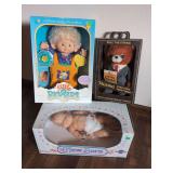 Assorted Collectible Dolls and Talking Toy Lot including Ertl Little Big Ears, Talking Executive Teddy Bear, and Berenguer La New Born in Original Packaging