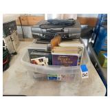 Sanyo 4-Head Hi-Fi VCR with Assorted VHS Tapes, DVDs, and Storage Tub