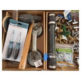 Box Lot of Assorted Plumbing Supplies, Hand Tools, and Hardware