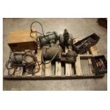 (3) 3 phase motors, (2) vaccume pumps 110v, box of wrenches, box of allen wrenches