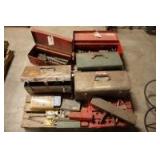 clamps, socket set, tool boxes with misc tools