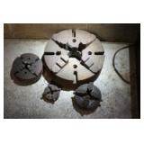 12" 4 jaw plain backed chuck, 6" 4 jaw screw on chuck, 5" 4 jaw screw on chuck, 3" 4 jaw screw on chuck