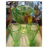 Green Depression Pitcher, 2 tall glasses