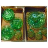 2 flats of Green Depression glass