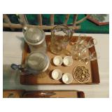 2 misc. beer steins, sake glasses PLUS