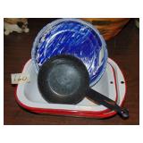 lot of granite ware, red & white, blue swirl +