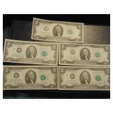 (5) 1976 Bicentennial Two Dollar Bills