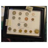 framed coins from England, Iceland & France
