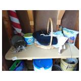 shelf full , flag, potting mix, travel pillow +