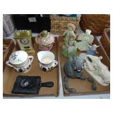 2 flats misc. figurines incl cast candle holder
