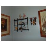 knick knack shelf and contents, painting, plus