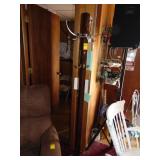 Walnut(?) coat rack, brass type hooks