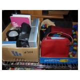 Flat of handbags and box of misc.