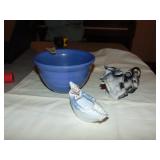 Crock Bowl & (2) Antique Figurines