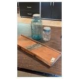 Wooden Slaw Board & (2) Antique Canning Jars