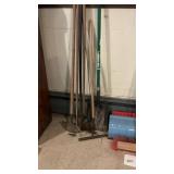 Lot Long Handle Tools inc. probe, shovel, scrapers