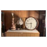 (2) Vintage Lamps & Large Round Wall Clock