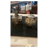 (1) Brass Type Pig Coin Bank (1) Silverplate Bank