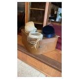 Large Leather Type Hat Box & (3) Vintage Hats