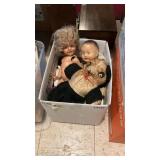 Box Of Composite Dolls & Misc. Doll Clothes, Plus
