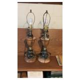 (2) Ornate Brass & Wood Table Lamps