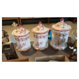 (3) Stoneware Cannisters W/Floral Toile Pattern