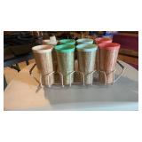 Set Of Retro Raffiaware Tumblers W/Wire Stand
