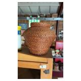 Large Vintage Coiled Rattan Lidded Basket