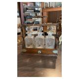 Antique Oak Edwardian Tantalus W/Crystal Bottles